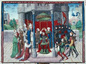 Hrabia Jean de Brienne, miniatura z "Les chroniques de Jherusalem abregies", ok. 1450 (tempera na welinie) autorstwa French School