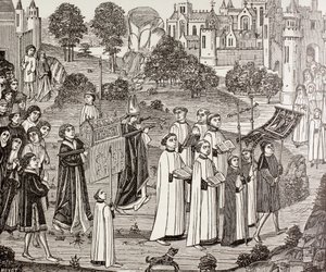 Hrabia Renier niosący ciało św. Weroniki do kościoła św. Waudru w Mons, z książki „Życie wojskowe i religijne w średniowieczu” Paula Lacroix, opublikowane w Londynie ok. 1880 r. autorstwa French School