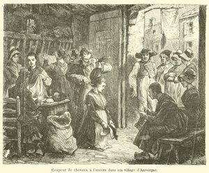 Fryzjer przy pracy na wsi w Owernii (grawerowanie) autorstwa French School