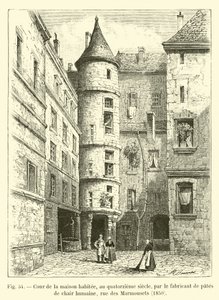 Dziedziniec domu zamieszkiwanego w XIV wieku przez wytwórcę makaronu z ludzkiego mięsa, rue des Marmousets, 1850 autorstwa French School