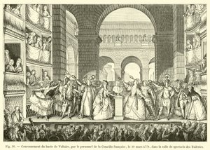 Koronacja popiersia Woltera przez personel Comedie francaise 30 marca 1778 r. w sali widowiskowej Tuileries autorstwa French School