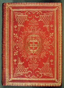 Okładka księgi kardynała Mazarina, z wykończeniem ukazującym kardynalskie ramiona gwiazd i fasces, zwieńczony galero i chwostami kardynała (skóra i złocenie) autorstwa French School