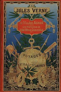 Okładka książki "Powietrzna wioska" z 1901 roku autorstwa Juliusza Verne