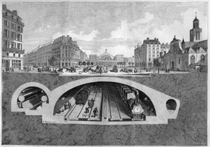 Przekrój przedstawiający projekt kolei podziemnej w Paryżu, od Vilette do hal centralnych, w 1861 r. Grawer „” Le Monde Illustré” nr 213 z 11 maja 1861 r. autorstwa French School