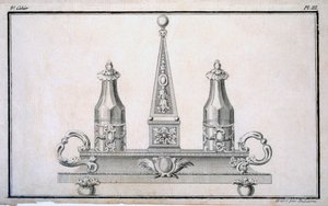 Zestaw ampułek na statywie, z księgi wzorów z neoklasycznych projektów metaloplastyki skomponowanej przez Duhamela, ok. 1770-80 autorstwa French School