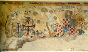 Krucjata: wyjazd Rycerzy na Krucjatę: reprezentacja św. Jerzego i Hugo I z Vermandois (1057-1102) (?) lub Hugo XII z Lusignan (?). Fragment fresku św. Jacques de Gueret autorstwa French School