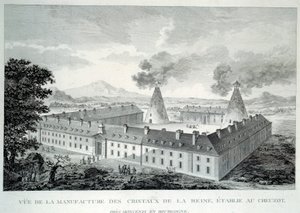 Dzieła kryształowe królowej Marii Antoniny w Creusot koło Moncenis w Burgundii. Grawerowanie z 1787 r. Le Creusot, Ecomusee autorstwa French School