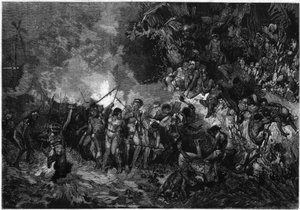 Zwyczaj Nowej Kaledonii: Pilou pilou (Pilou-pilou), tradycyjny taniec Kanak. Grawer w „” Le Monde Illustré”” nr 772 z 27 stycznia 1872 r. autorstwa French School