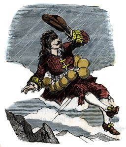 Cyrano de Bergerac unosi się na niebie dzięki fiolkom z różą i podróży na księżyc, ilustracja do powieści Herkulesa Saviniena Cyrano de Bergerac (1619-1655): „”Inny świat”” autorstwa French School