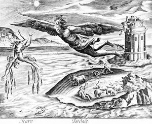 Dedal uciekający z Krety wraz z synem Ikarem widzi go spadającego na śmierć, 1619 autorstwa French School
