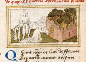 Dame Oiseuse wpuszczająca Kochanka przez drzwi Ogrodu Rozkoszy, z „Le Roman de la Rose”, ok. 1400. autorstwa French School