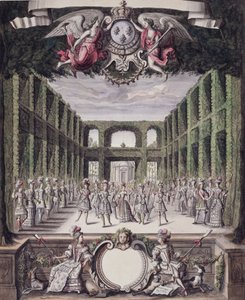 Taniec w formalnym ogrodzie, z kolekcji Les Menus Plaisirs du Roi (pióro i atrament oraz toaleta na papierze) autorstwa French School