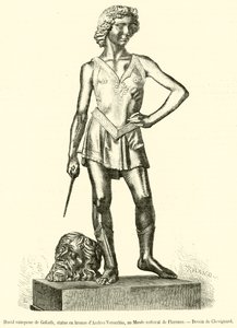 Dawid podbijający Goliata, posąg z brązu autorstwa Andrei Verocchio, w Muzeum Narodowym we Florencji (rycina) autorstwa French School