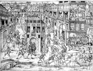 Śmierć admirała Gasparda II de Coligny (1519-72), w czasie masakry św. Bartłomieja w 1572 roku autorstwa French School