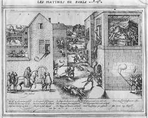 Śmierć admirała Gasparda II de Coligny (1519-72) w czasie masakry św. Bartłomieja w 1572 r. (kolor patrz 187818) autorstwa French School