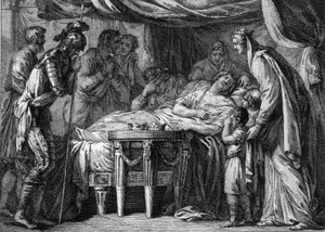 Śmierć Childeberta II (570-596), króla Neustrii, Orleanu i Burgundii, w wyniku zatrucia. 596. Rycina z XVIII wieku. autorstwa French School
