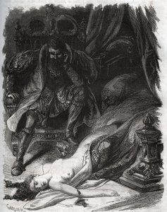 Śmierć Franciszki de Foix, hrabiny Chateaubriant (ok. 1495-1537), zamordowanej przez jej męża Jeana de Laval, hrabiego de Chateaubriant (Laval-Chateaubriant) (1486-1543), który w ten sposób zemścił się na niewiernych swojej żonie. Grawer z 1871 roku w „His autorstwa French School