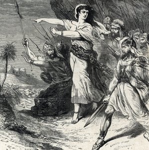 Debora prowadzi Izraelitów uciskanych przez Jabina, króla Kanaanu, do walki. Rycina z „Historii świętej” autorstwa Lahure z XIX-wiecznej prywatnej kolekcji autorstwa French School