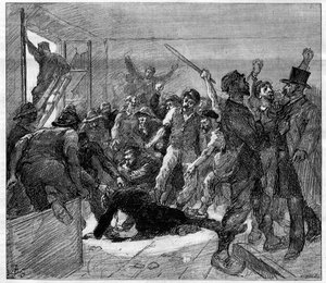 Strajk górników w Decazeville (Aveyron) w 1886 r.: inżynier Watrin został zamordowany przez Grevistów. Grawerowanie w „Le Monde Illustré”, 6 lutego 1886. autorstwa French School