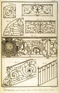 Dekoracyjne ślusarstwo, z Encyklopedii Diderota, wyd. 1771 autorstwa French School