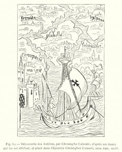 Odkrycie Indii Zachodnich — Krzysztof Kolumb; po przypisywanym mu rysunku, umieszczonym w Epistoli Christofori Columbi, niedatowany, in-8o (rycina) autorstwa French School