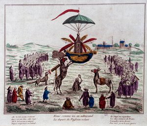 Odlatujący satyrowy statek latający na latającej maszynie wyobrażonej przez Jean-Pierre Blancharda (1753-1809): osły, małpy i ślepe spojrzenie na dziwną maszynę wyposażoną w sześć skrzydeł i ster. Rycina z końca XVIII wieku. Paryż, Muzeum Carn autorstwa French School