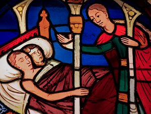 Przedstawiający służącego wchodzi do pokoju Tobiasza i Sary, ex Ste Chapelle, Bay E autorstwa French School