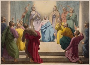 Zejście Ducha Świętego, ilustracja z katechizmu LHistoire Sainte, wyd. Charles Delagrave, Paryż, k. XIX w. autorstwa French School