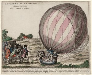 Zejście maszyny aerostatycznej ss. Karol i Robert, wyd. 1783 (grawerowanie ręcznie kolorowane) autorstwa French School
