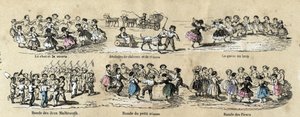 Opis zabaw i zabaw dla dzieci: rundy. Tabliczka „Zabawy dziecięce” w „Wypoczynkach pouczających” Obraz synoptyczny Julesa Delbrucka, rycina z 1860 r. Kolekcja prywatna. autorstwa French School