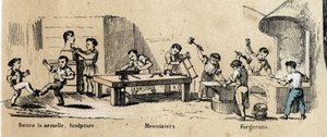 Opis wypoczynku i zabawy dzieci: nauka metryk dorosłych (rzeźbiarz, kowal i stolarz) przez małych chłopców. Talerz „” les jeux de l