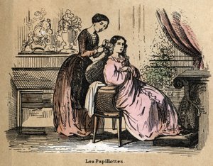 Opis różnych produktów i zastosowań papieru: folie, kawałki papieru używane do oddzielania włosów za pomocą suszarek. Talerz „Le papier et ses produits” w „Les Recreations instructives” Obraz synoptyczny Julesa Delbrucka, rycina z 1860 r. Prywatne c autorstwa French School