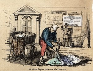 Opis różnych produktów i zastosowań papieru: stary papier jest zbierany i ponownie staje się szmatą. Talerz „Le papier et ses produits” w „Les Recreations instructives” Obraz synoptyczny Julesa Delbrucka, rycina z 1860 r. Kolekcja prywatna. autorstwa French School