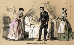 Opis pięciu zmysłów: dotyk, lekarz stukający puls chorej dziewczyny. Talerz „Les cinq sens”” w „”Les Recreations instructives”” Obraz synoptyczny Julesa Delbrucka, rycina z 1860 r. Kolekcja prywatna. autorstwa French School