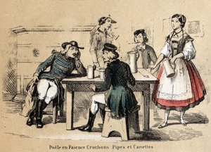 Opis różnych etapów produkcji i zastosowań gliny: wyroby z gliny (kuchenki ceramiczne, dzbanki, fajki i puszki). Talerz „Glina i jej wyroby” w „Les Recreations instructives” Obraz synoptyczny Julesa DELBRUCKA, rycina z 1860 r. Pr autorstwa French School