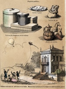 Opis różnych produktów i zastosowań papieru: pudełka kartonowe i na kapelusze, karty do gry, gry takie jak latawce czy balony. Talerz „Le papier et ses produits” w „Les Recreations instructives” Obraz synoptyczny Julesa Delbrucka, rycina z autorstwa French School