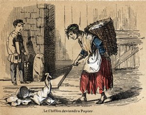 Opis różnych produktów i zastosowań papieru: zbiór starych szmat, z których pochodzi papier. Talerz „Le papier et ses produits” w „Les Recreations instructives” Obraz synoptyczny Julesa Delbrucka, rycina z 1860 r. Prywatne autorstwa French School