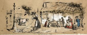 Opis różnych produktów i zastosowań krów: scena codziennego życia na wsi. Tabliczka „La coache et ses produits” w „Les Recreations instructives” Obraz synoptyczny Julesa Delbrucka, rycina z 1860 r. Kolekcja prywatna. autorstwa French School