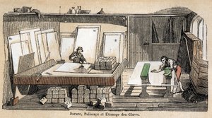 Opis poszczególnych etapów produkcji i użytkowania szkła: warsztat złocenia, polerowania i tłoczenia szkła. Talerz „Szkło i jego wyroby”” w „Les Recreations instructives”” Obraz synoptyczny Julesa DELBRUCKA, rycina z 1860 r. Pri autorstwa French School