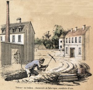 Opis poszczególnych etapów produkcji i wykorzystania gliny: plac budowy w budynku, dachy z dachówki, rury wodociągowe i komin fabryczny. Talerz „Glina i jej produkty”” w „Les Recreations instructives”” Obraz synoptyczny Julesa DELBRUCKa autorstwa French School