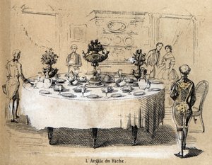 Opis poszczególnych etapów wytwarzania i zastosowań gliny: zastosowanie gliny w bogatych wnętrzach, stół z porcelanową zastawą stołową. Talerz „Glina i jej wyroby”” w „Les Recreations instructives”” Obraz synoptyczny Julesa Delbrucka, grawer autorstwa French School