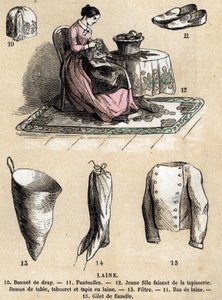 Opis różnych zastosowań i wyrobów z owiec: gobelin i wyroby wełniane, czapka, pantofle, wełniane pończochy, kamizelka flanelowa. Tabliczka „Les moutons”” w „”Les Recreations instructives”” Obraz synoptyczny Julesa DELBRUCKA, rycina z 1860 r. Prywatne autorstwa French School