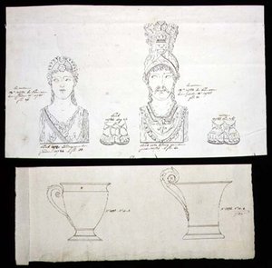 Wzory na oprawy meblowe z pozłacanego brązu ormolu i porcelanowe filiżanki Cesarstwa Francuskiego, ok. 1820 (pióro i atrament na papierze) autorstwa French School