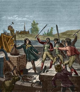 Zniszczenie parowca Papina - Denis Papin (1647-1712) obserwujący jego parowiec wiosłowy zniszczony przez wioślarzy z Muenden w 1707 roku - Les Bateliers de Munden rozbijają parowiec Denisa Papina (1647-1712) - Grawerowanie w „” Nauki na wyciągnięcie ręki z autorstwa French School