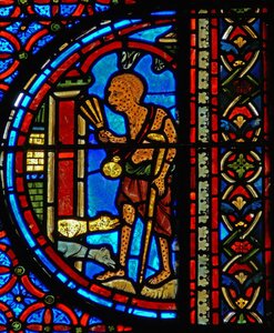 Fragment okna przedstawiający przypowieść o Łazarzu i nurkowaniu autorstwa French School