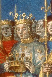 Fragment Fr 6465 f.247v Koronacja Ludwika VIII (1187-1226) i Blanche de Castile w Reims w obecności króla Jerozolimy (welum) (detal z 38990) autorstwa French School