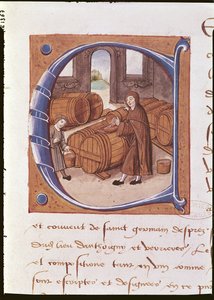 Fragment historycznego inicjału z ilustracją winiarza przy pracy, z „Rejestru opactwa Saint-Germain-des-Pres” (welin) autorstwa French School