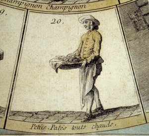 Szczegóły gry w gęś Cree of Paris: kupiec gorącego makaronu. Rycina z XVIII wieku. Dz. Odjazd. autorstwa French School