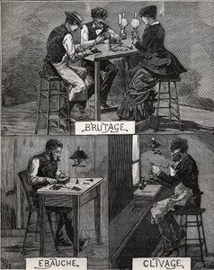 Cięcie diamentem, dźwięk, szorstkość i łupanie. Grawer z 1885 roku w „Les arts et metiers illustres” Adolphe BITARD. autorstwa French School