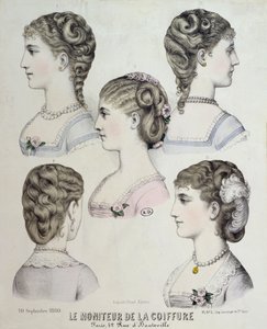 Różne fryzury, talerz z Le Moniteur de la Coiffure, 1880 autorstwa French School